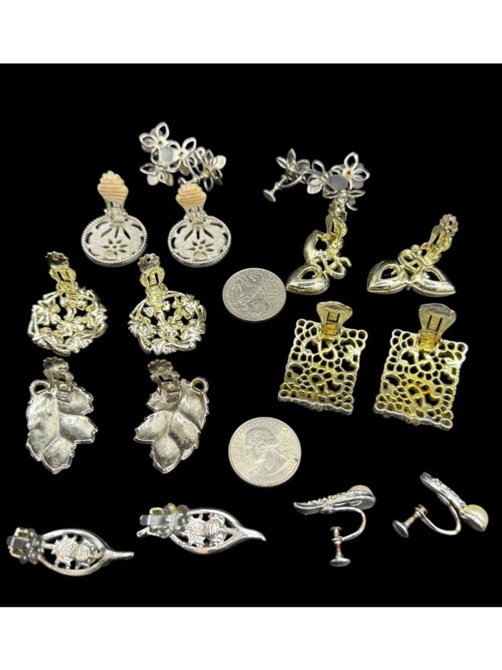 Vintage 80s Silver-Tone Clip-On Earrings Lot 8 Pairs Runway Chunky Big - Picture 6 of 10